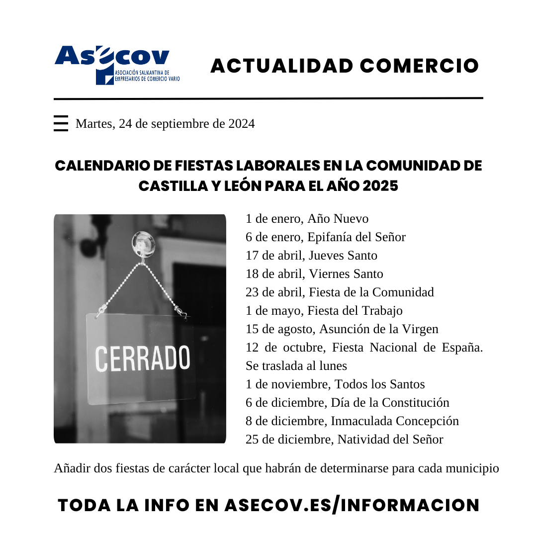 CALENDARIO DE FIESTAS LABORALES EN EL ÁMBITO DE LA COMUNIDAD DE CASTILLA Y LEÓN PARA EL AÑO 2025.