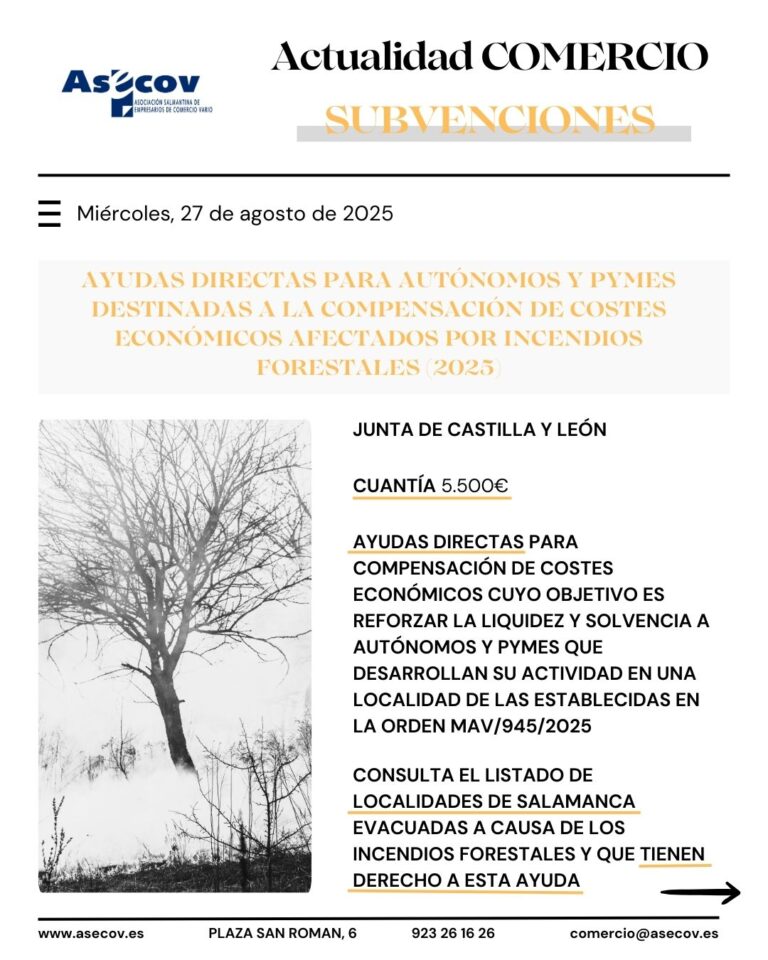 AYUDAS DIRECTAS PARA AUTÓNOMOS Y PYMES DESTINADAS A LA COMPENSACIÓN DE COSTES ECONÓMICOS AFECTADOS POR INCENDIOS FORESTALES (2025)