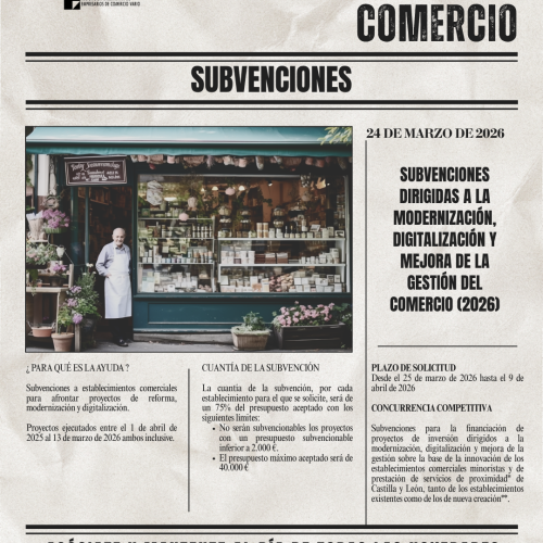 SUBVENCIONES DIRIGIDAS A LA MODERNIZACIÓN, DIGITALIZACIÓN Y MEJORA DE LA GESTIÓN DEL COMERCIO (2026)