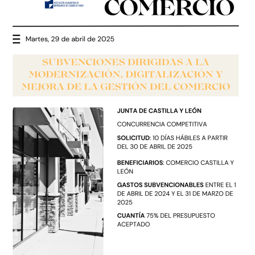 SUBVENCIONES DIRIGIDAS A LA MODERNIZACIÓN, DIGITALIZACIÓN Y MEJORA DE LA GESTIÓN DEL COMERCIO – 2025 –